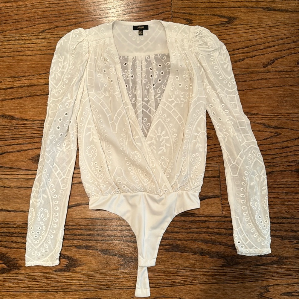 AFRM Women Long Sleeve Embroidered Plunge Bodysuit Cream Size XS